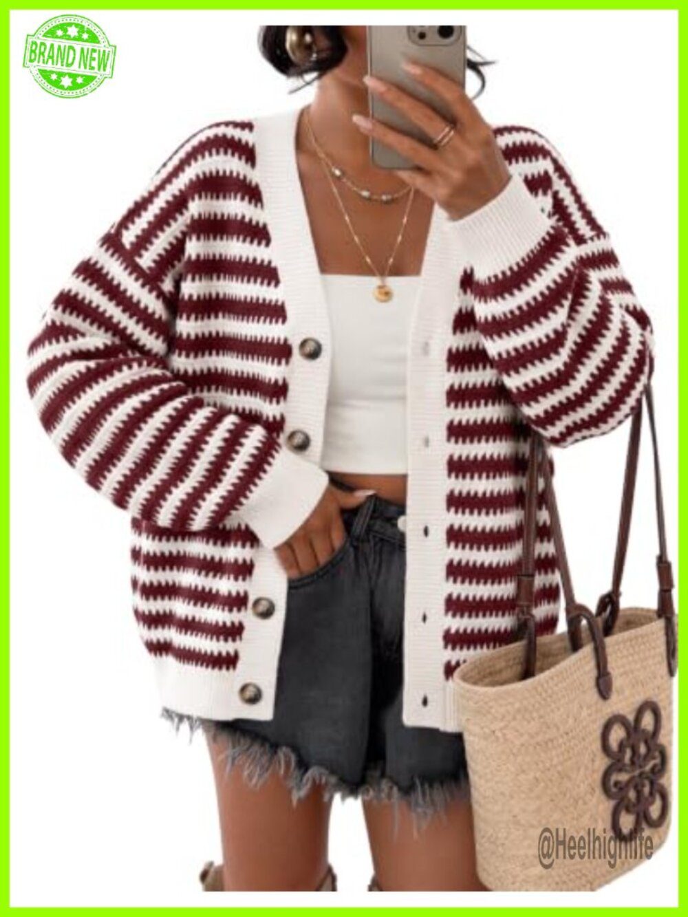 Women's Striped V-Neck Button Cardigan Knit Sweater